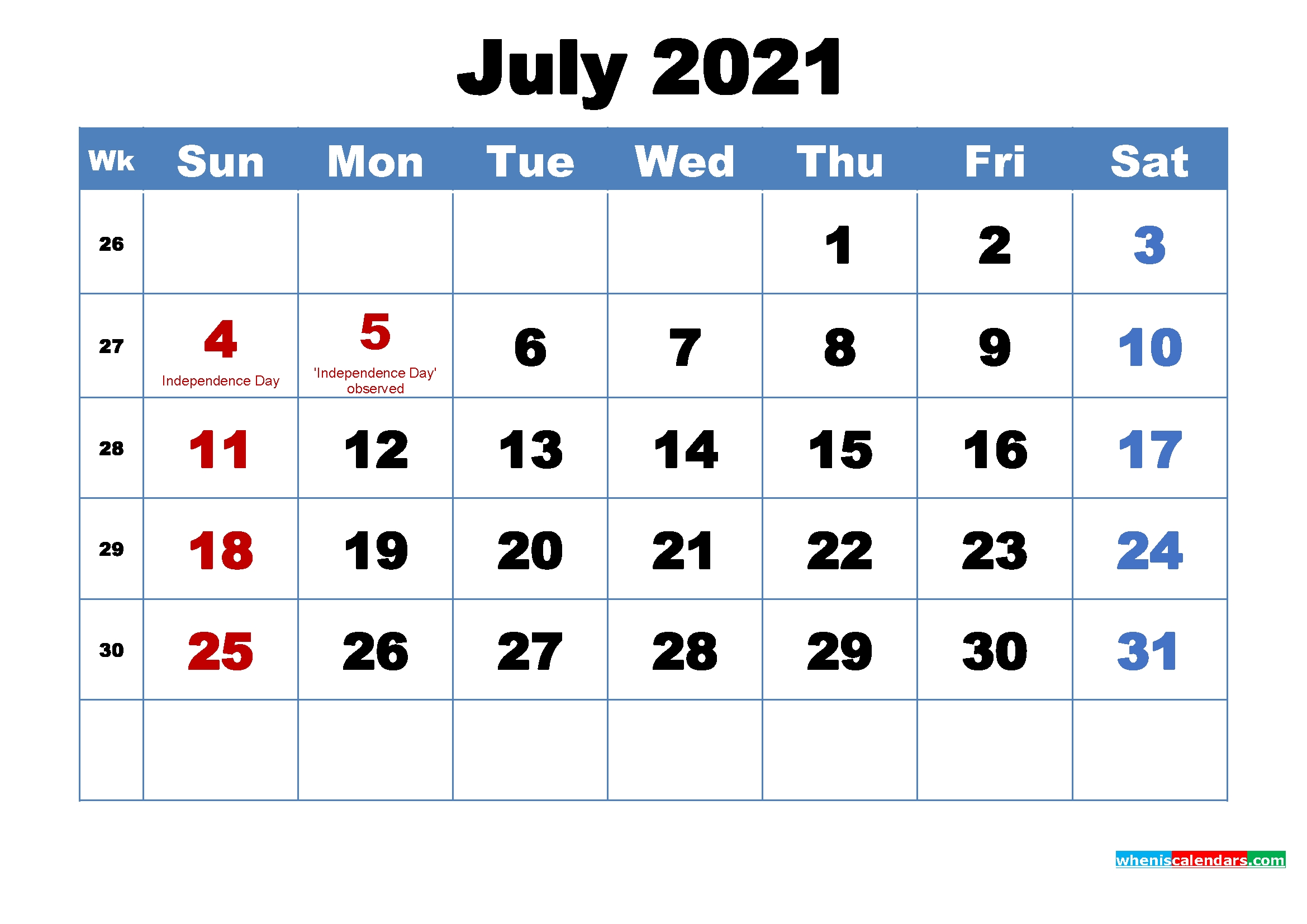 July 2021 Desktop Calendar Free Download – Free Printable