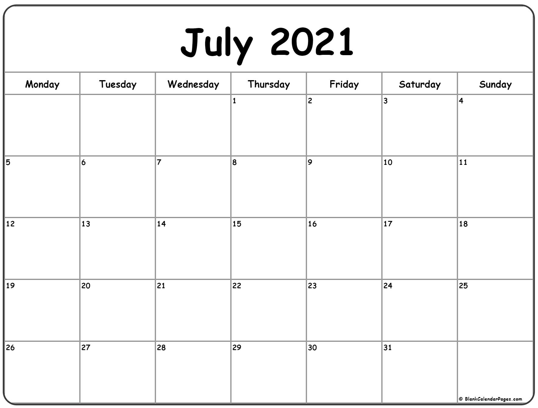 July 2021 Monday Calendar | Monday To Sunday