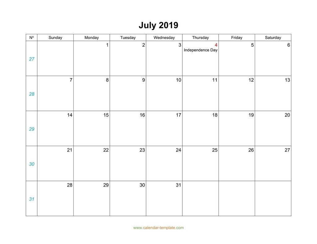 July Calendar 2019 Blank Template