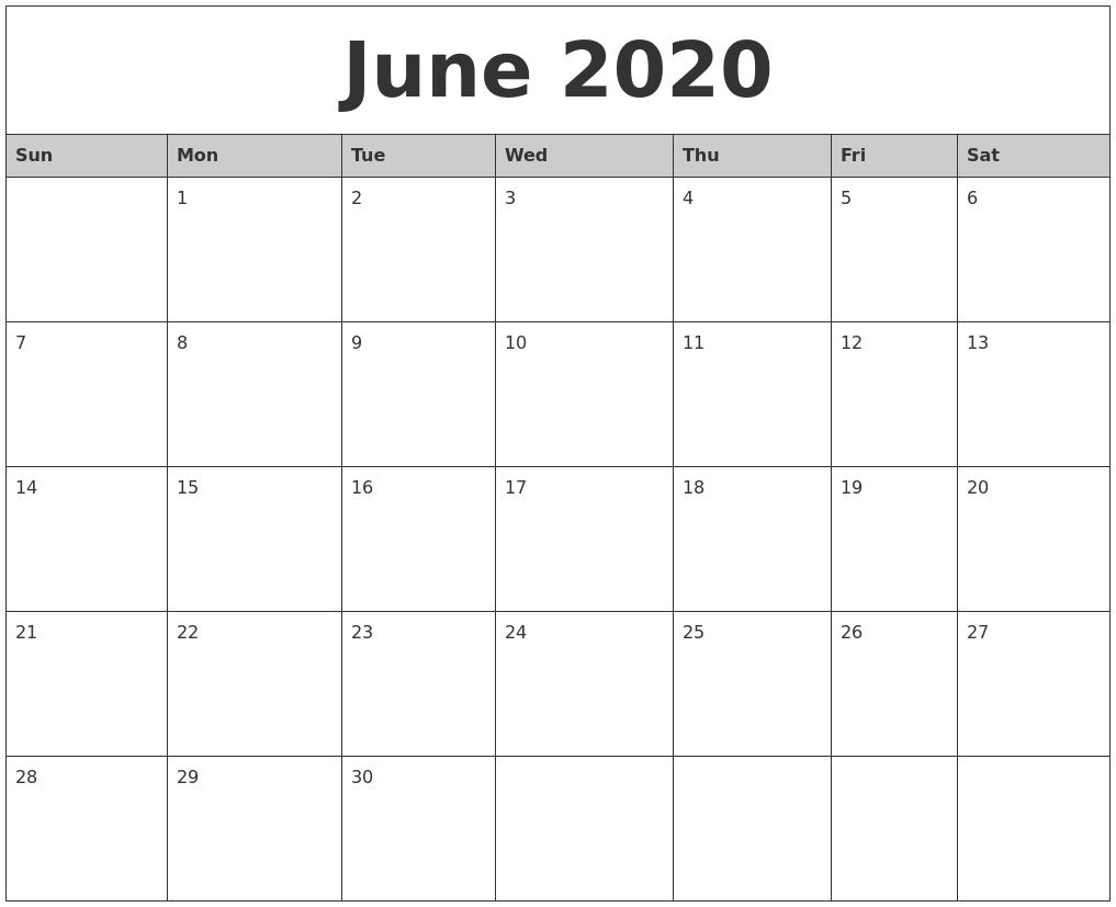 June 2020 Monthly Calendar Printable