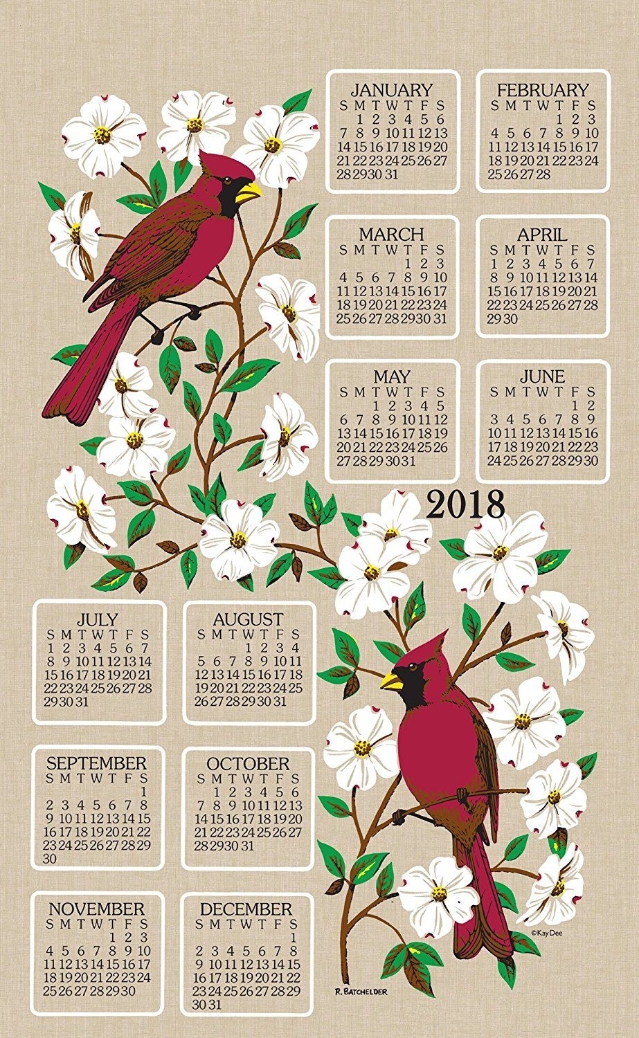 Kaydee Designs 2018 Linen Calendar Kitchen Towel (Dogwood