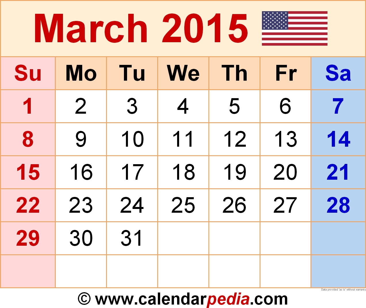 March 2015 Calendar - Free Templates For Word, Excel &amp; Pdf