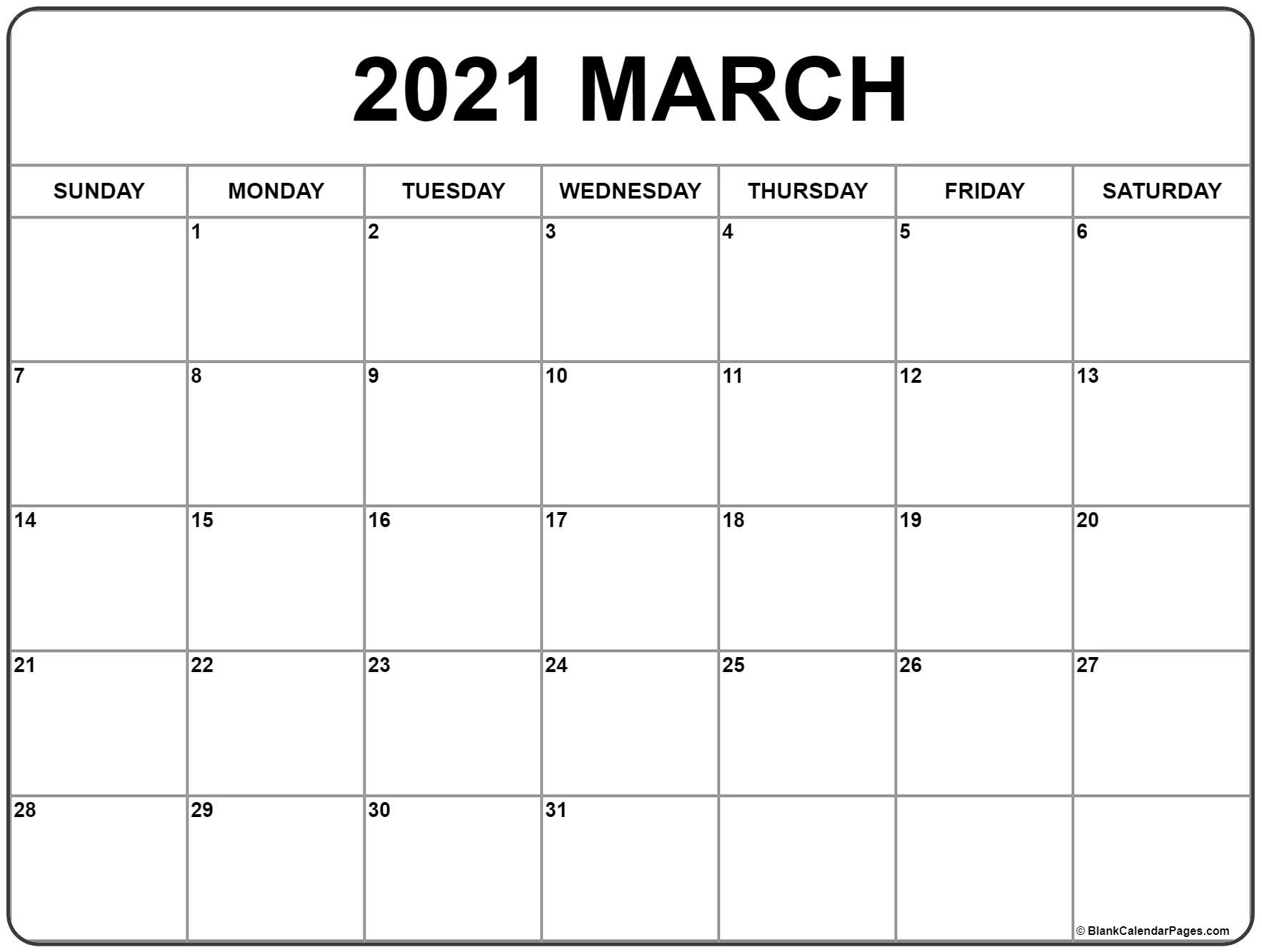 March 2021 Calendar | Free Printable Monthly Calendars