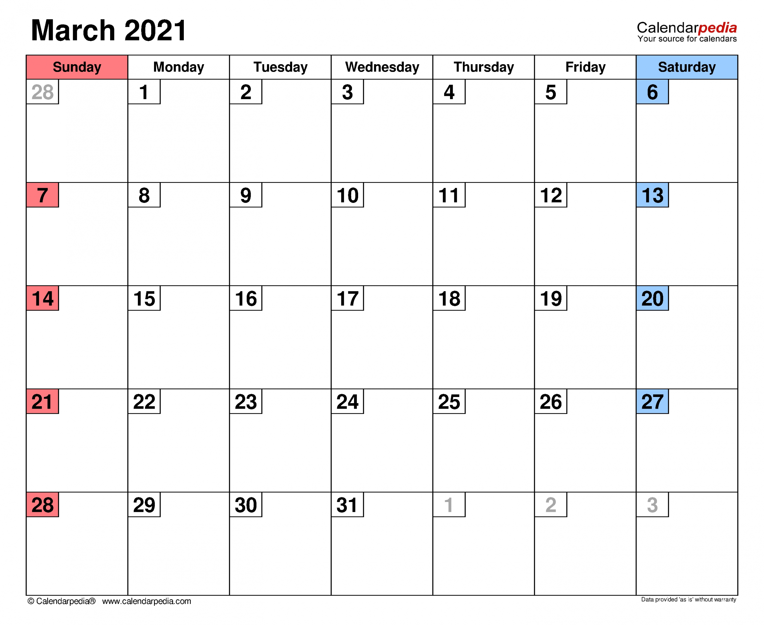 March 2021 Calendar | Templates For Word, Excel And Pdf