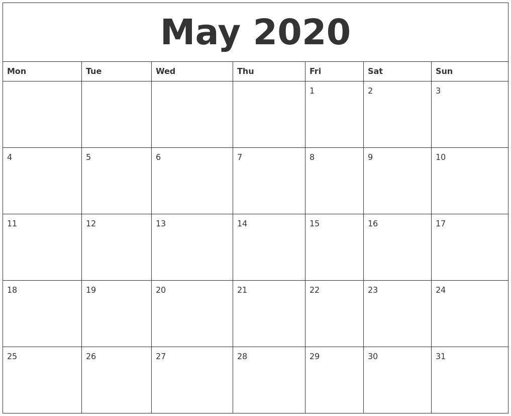 May 2020 Free Printable Blank Calendar