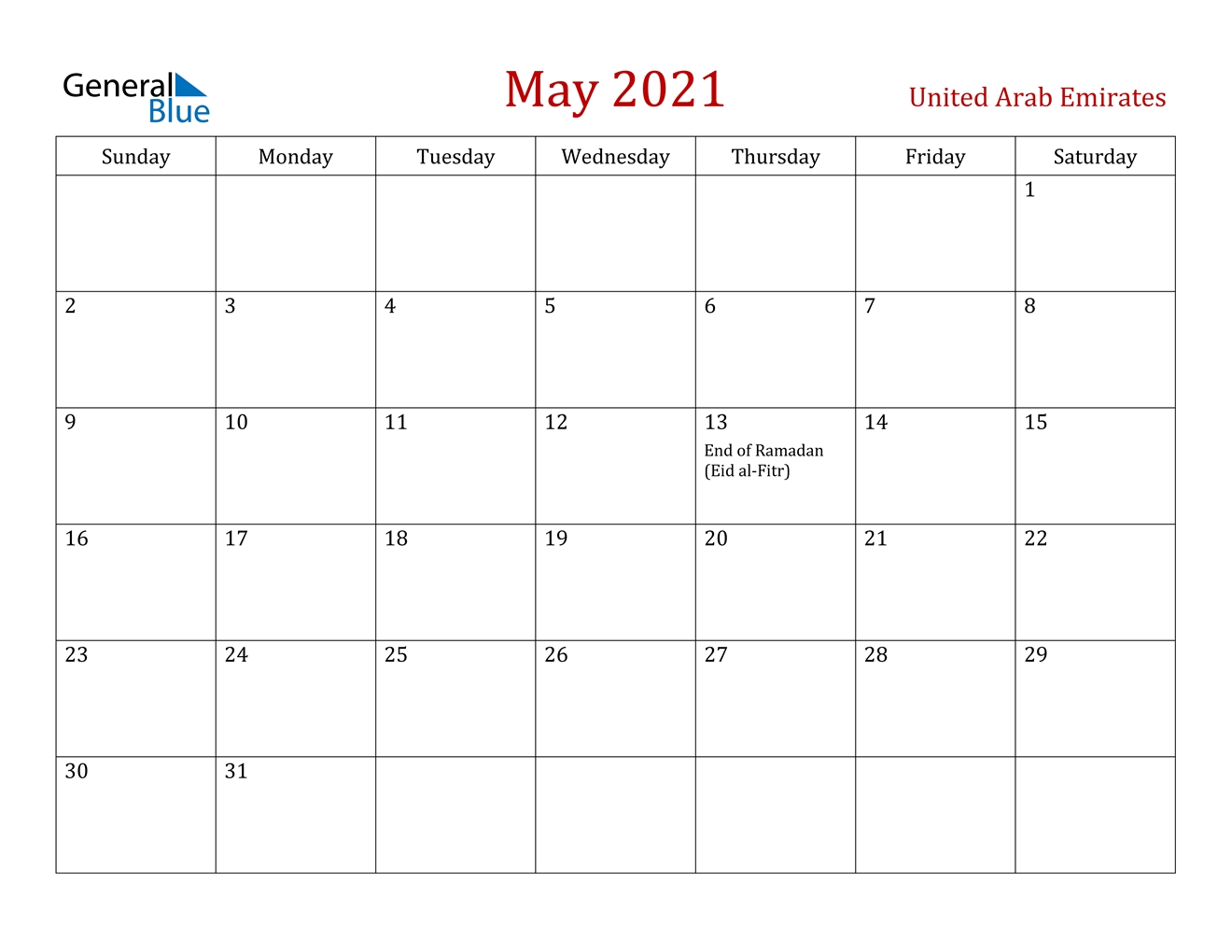 May 2021 Calendar - United Arab Emirates