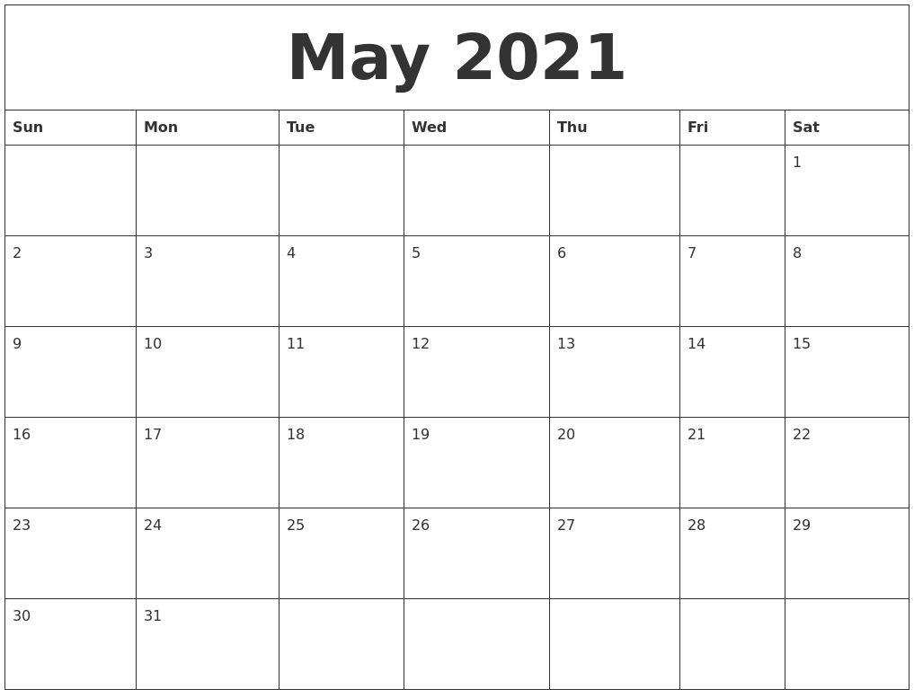 May 2021 Monthly Printable Calendar