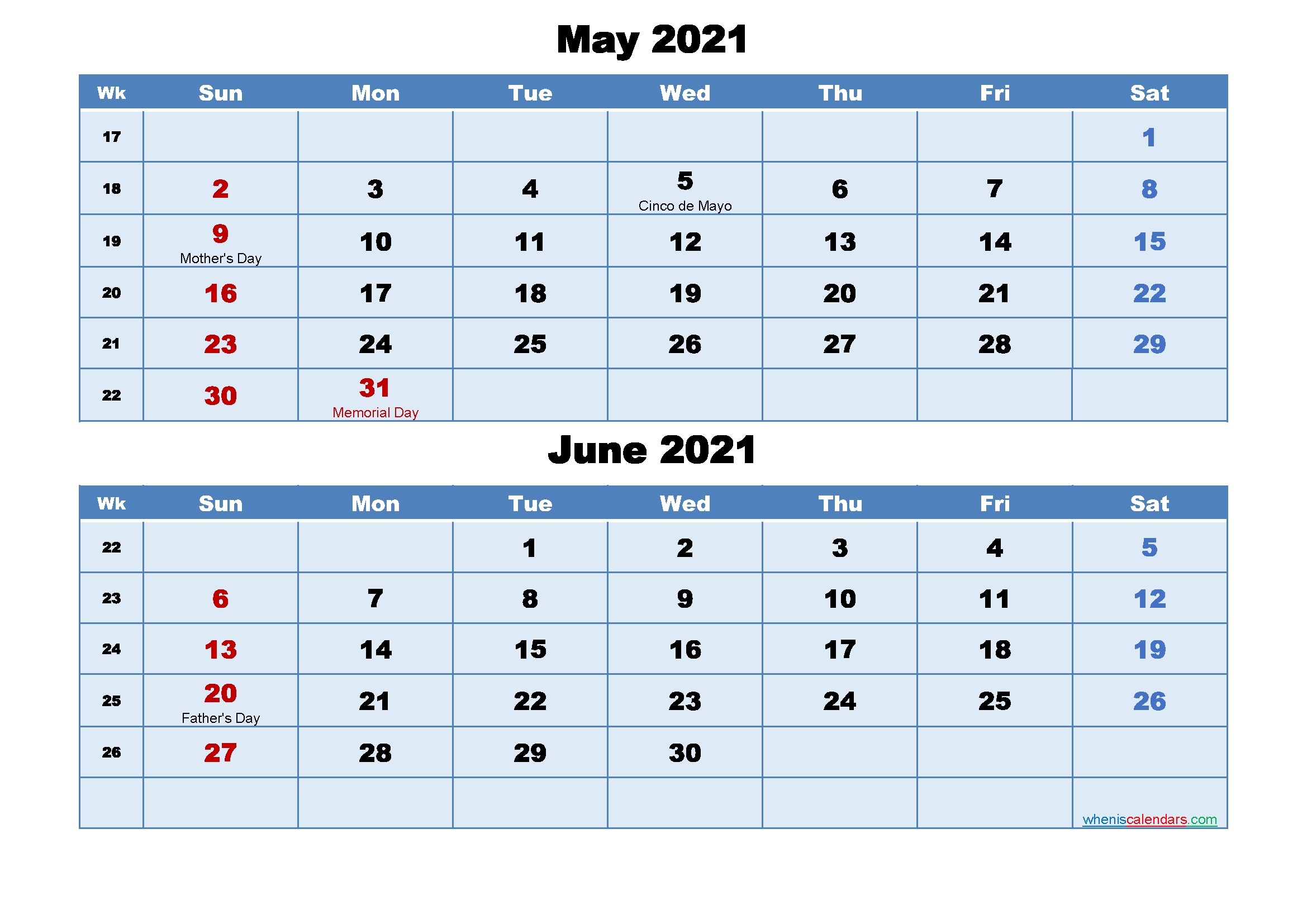 May And June 2021 Calendar With Holidays – Free 2020 And