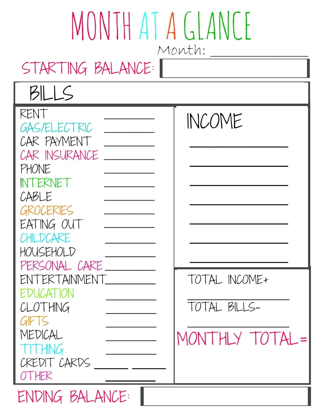 Month At A Glance Budget Worksheet In 2020 | Budgeting Money
