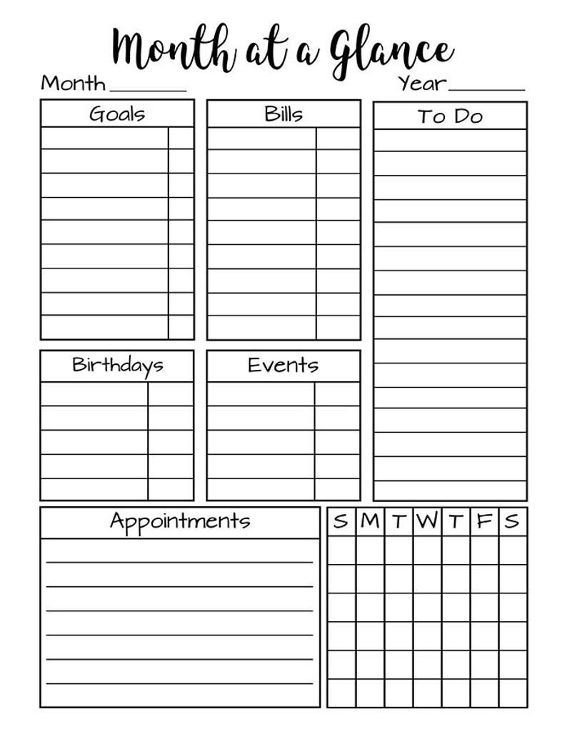 Month At A Glance Printable Day At A Glance Bullet Journal