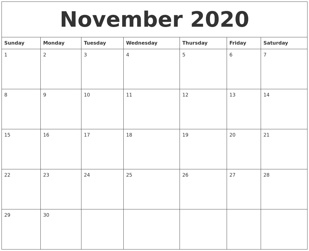 November 2020 Free Printable Weekly Calendar