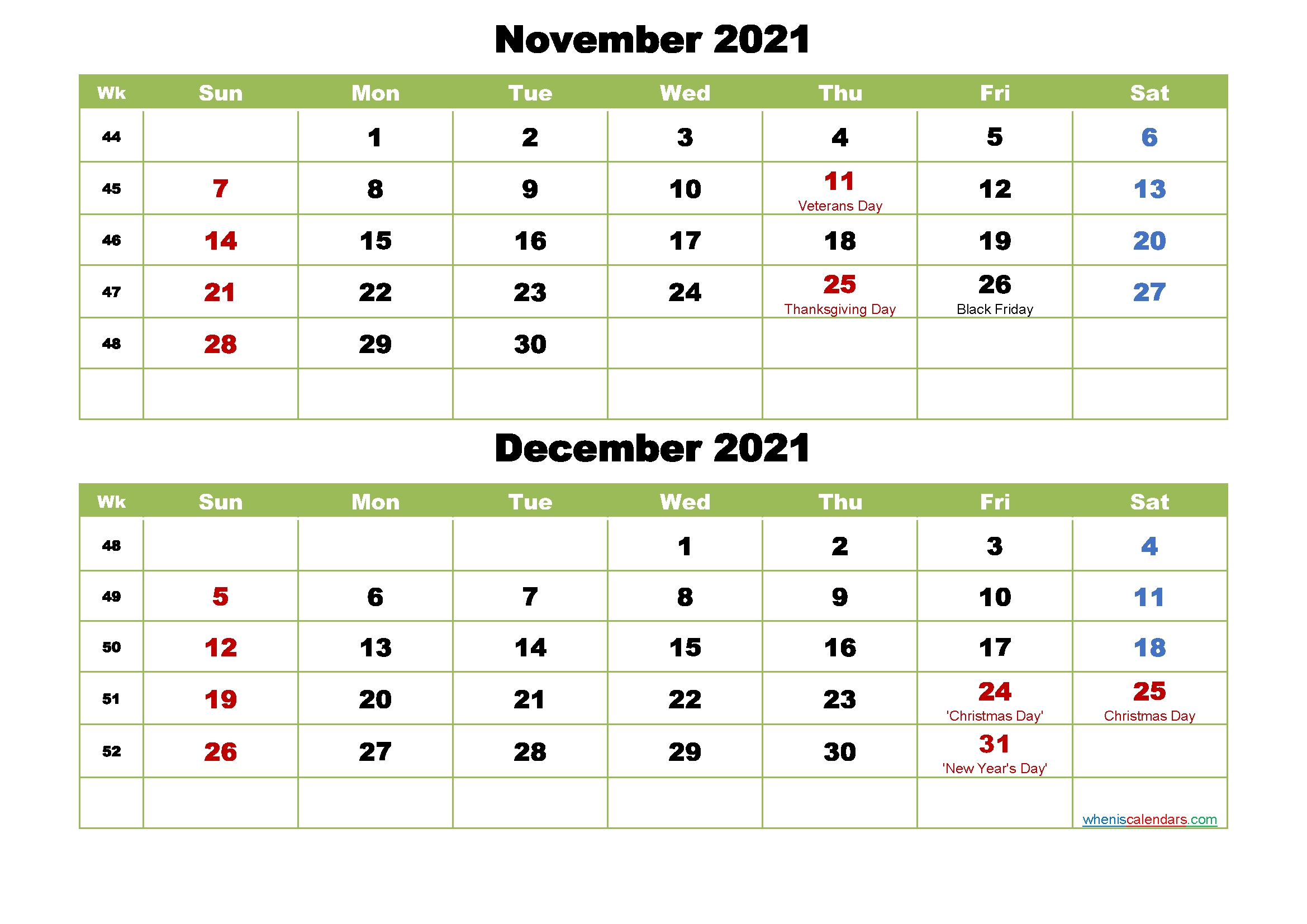 November And December 2021 Calendar With Holidays – Free