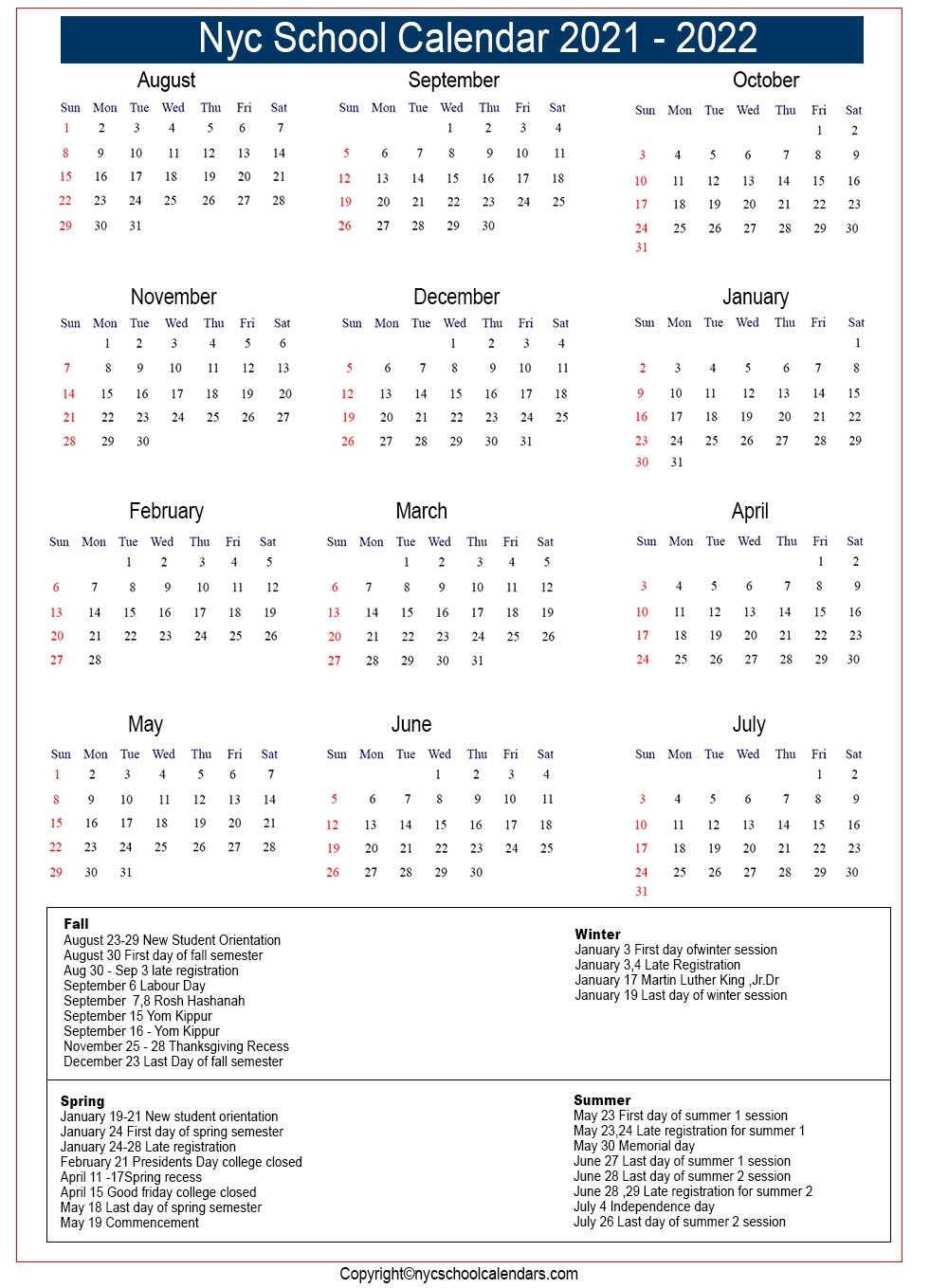 Nycdoe 2021 2021 School Year Calendar Month Calendar Printable