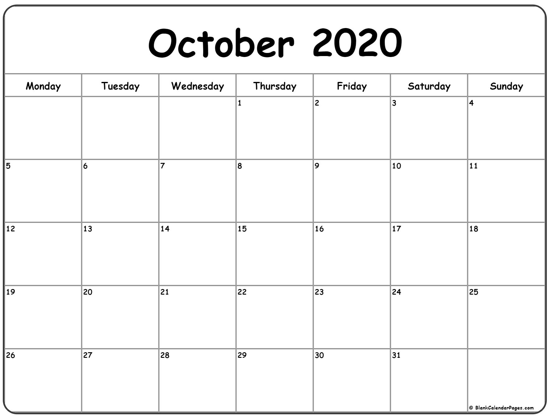 October 2020 Monday Calendar | Monday To Sunday