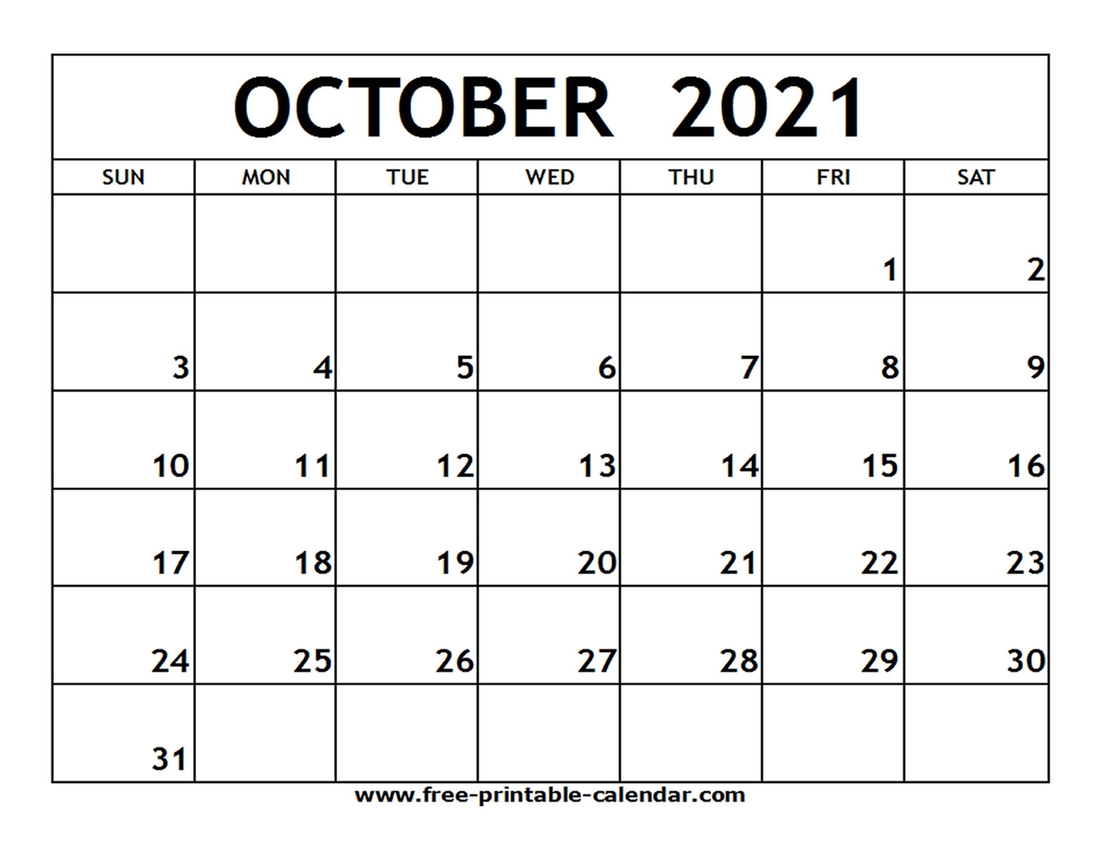 October Calendar 2021 
