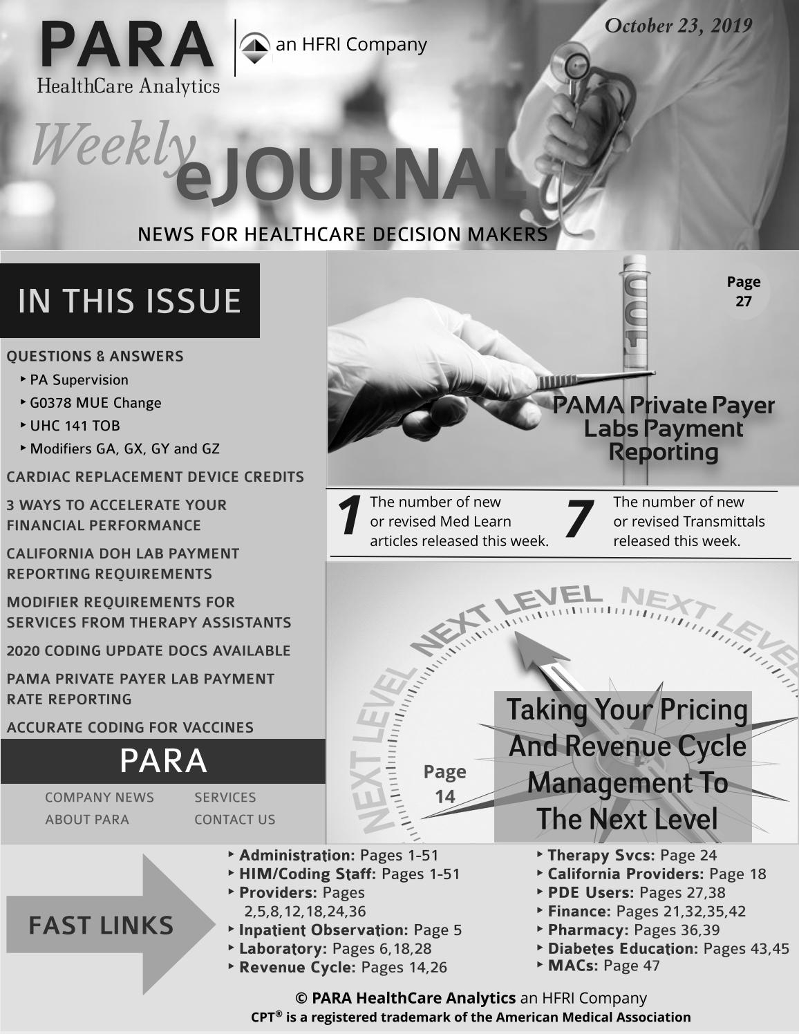 Para Healthcare Analytics Ejournal October 23, 2019