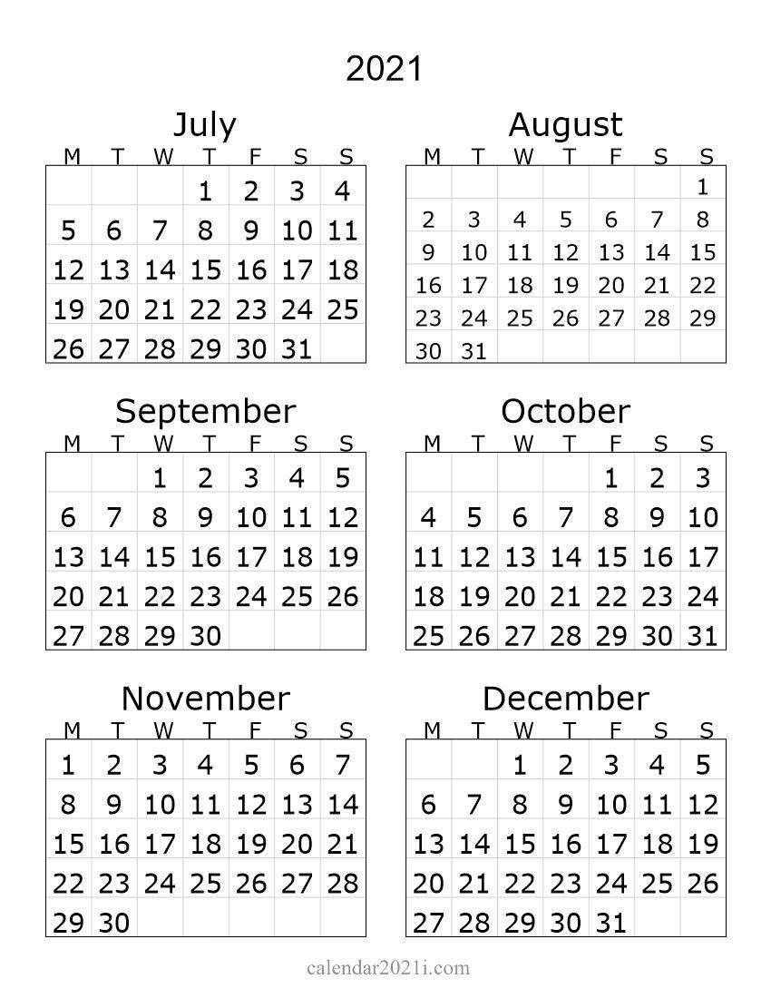 2021 2Nd Half Calendar Month Calendar Printable