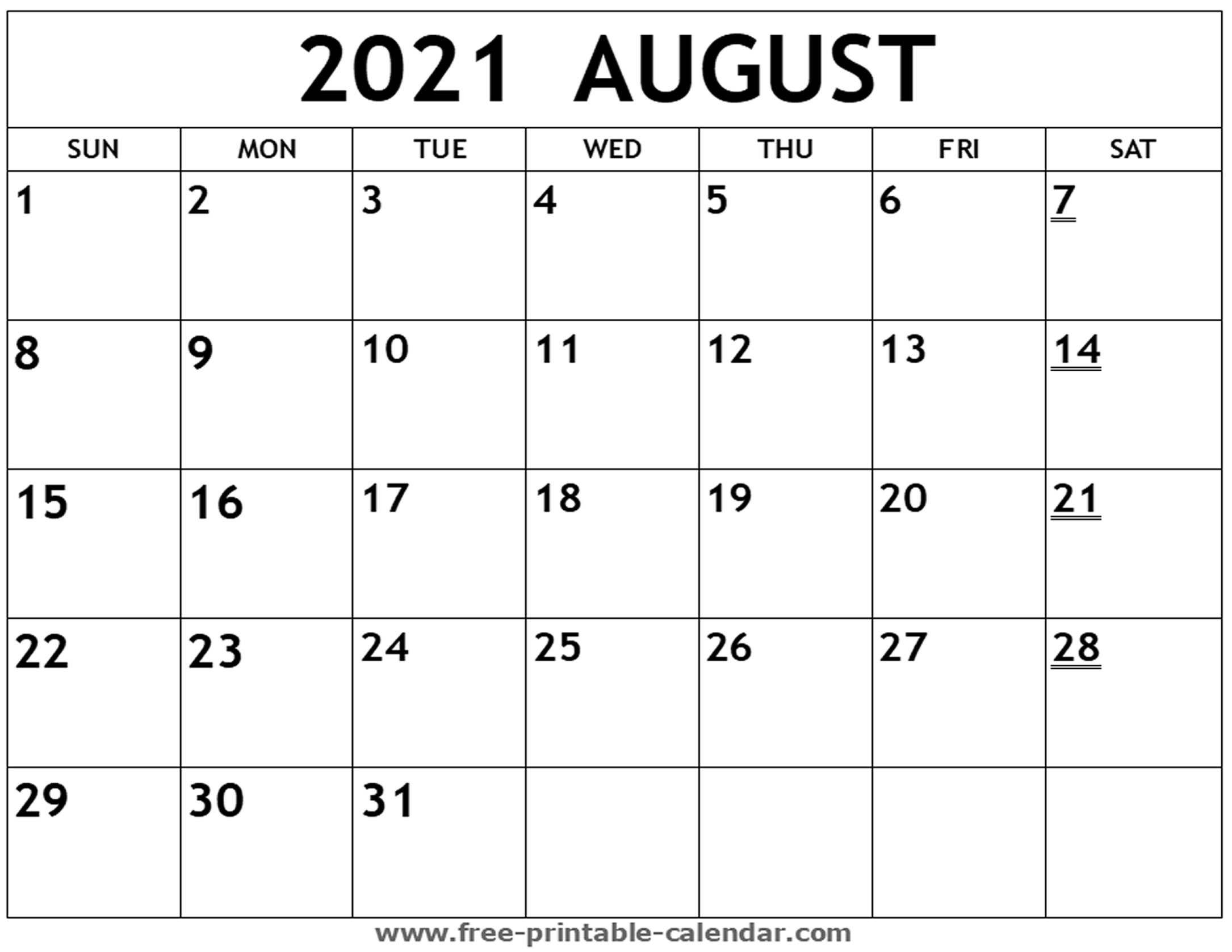 Printable 2021 August Calendar - Free-Printable-Calendar