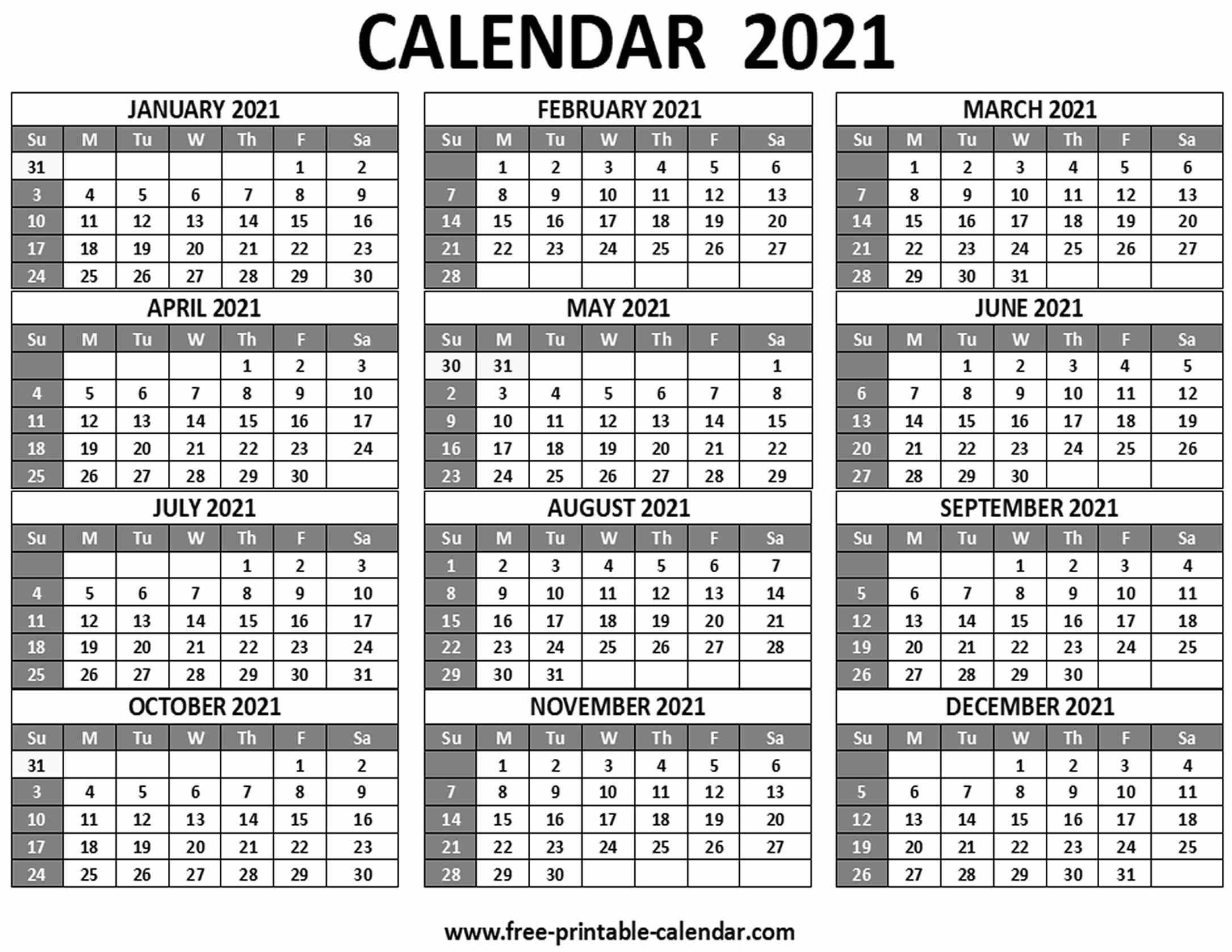 Printable 12 Month Calendar 2021 Free Letter Templates