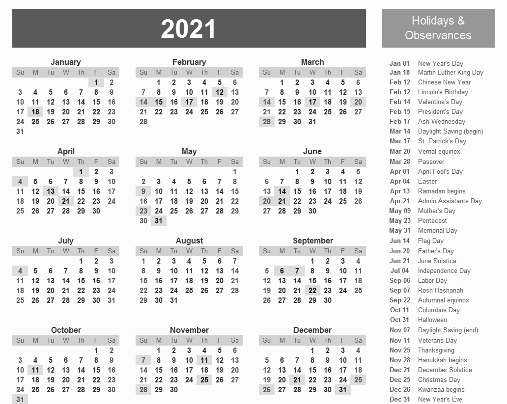 Printable 2021 Calendar With Holidays In 2020 | Calendar