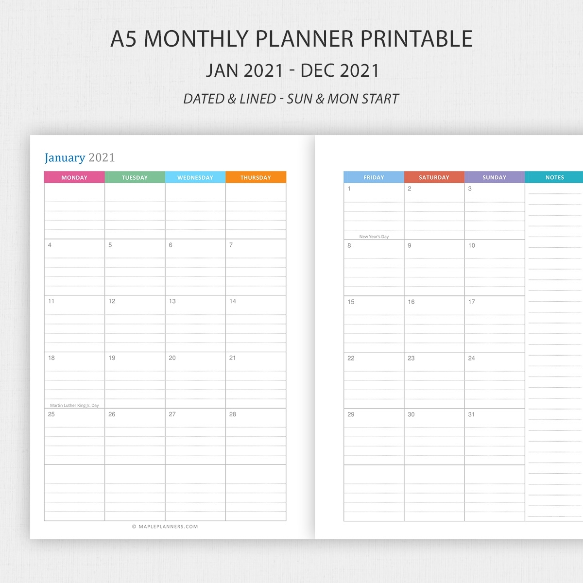 Printable A5 Monthly Planner 2021