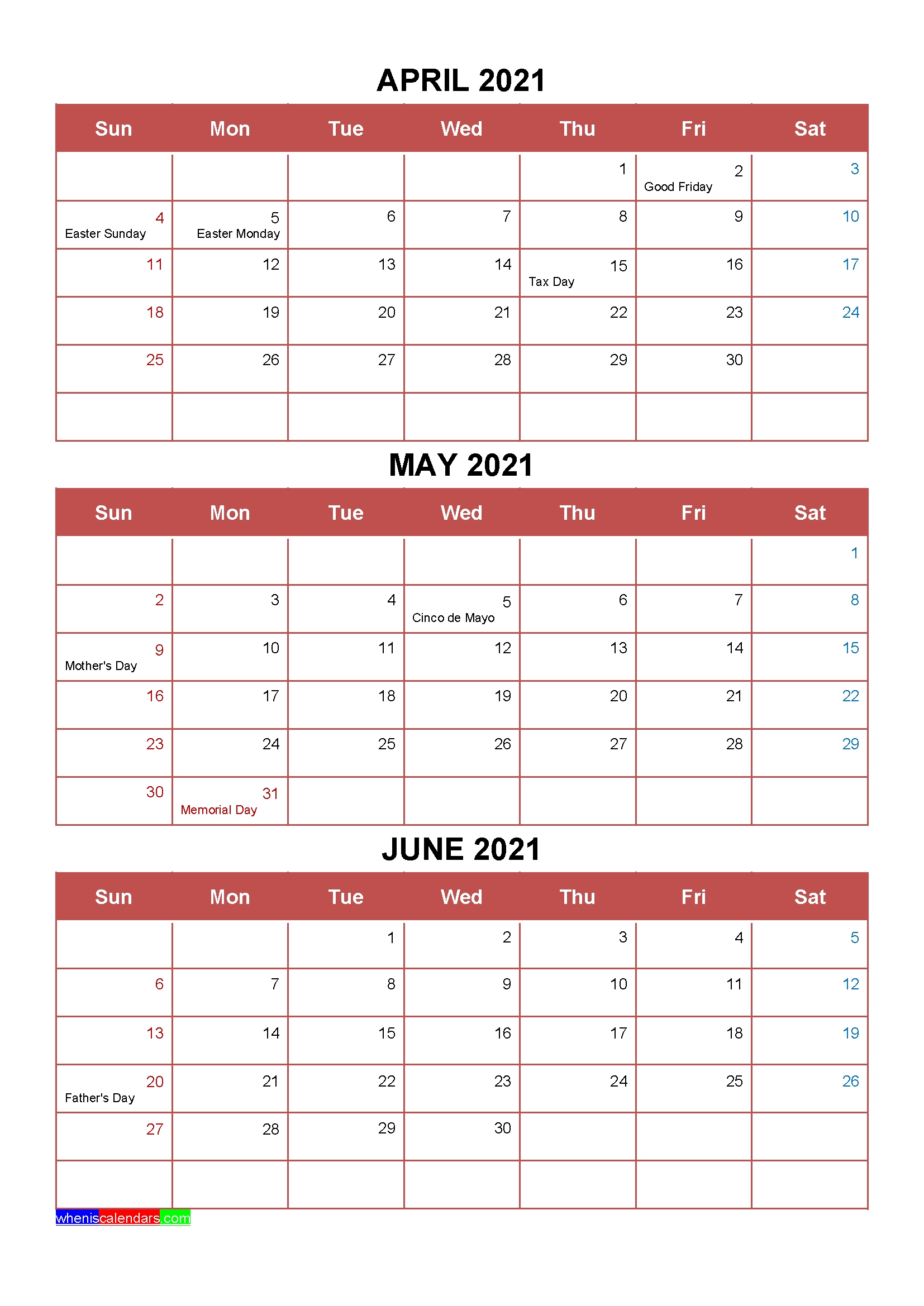 Printable April May June 2021 Calendar Template Word, Pdf