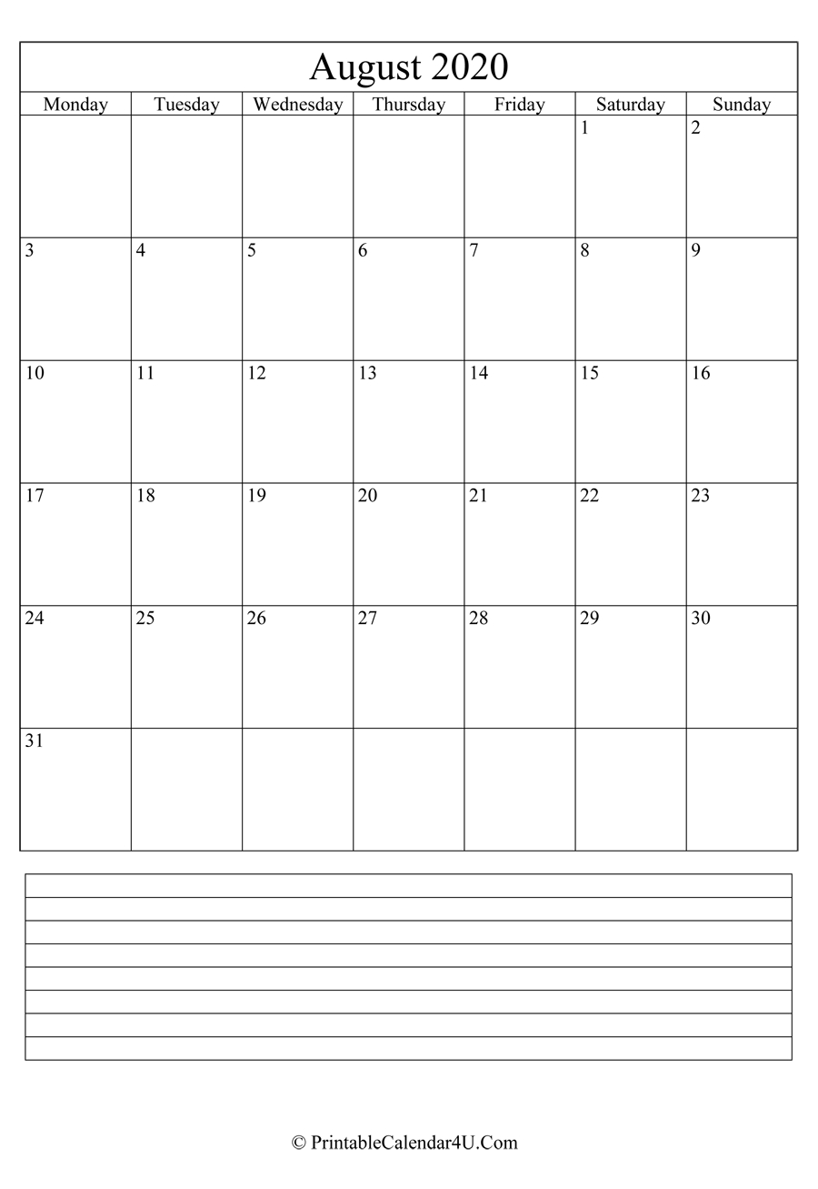 Printable August Calendar 2020 With Notes (Portrait)