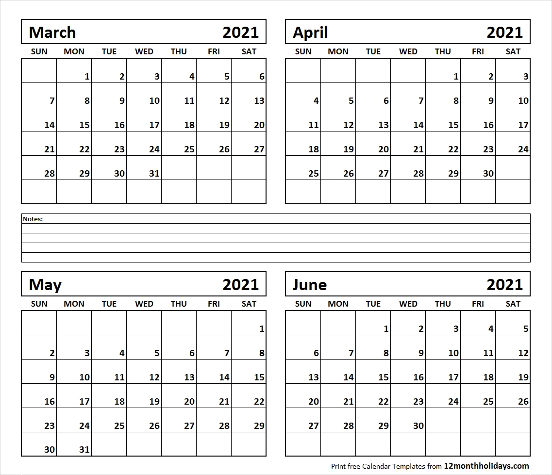 Printable Blank Four Month March April May June 2021