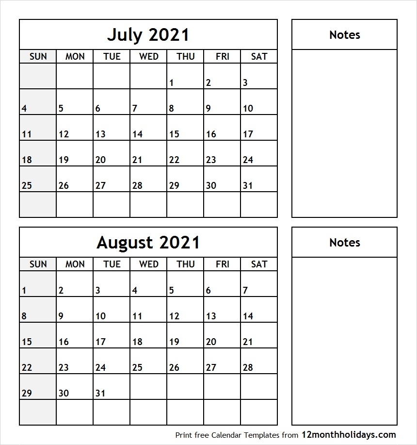 Printable Blank Two Month Calendar July August 2021 Template