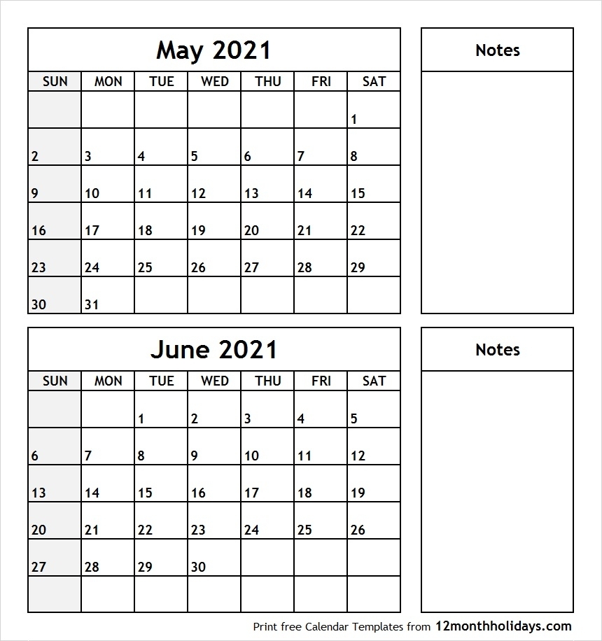 Printable Blank Two Month Calendar May June 2021 Template