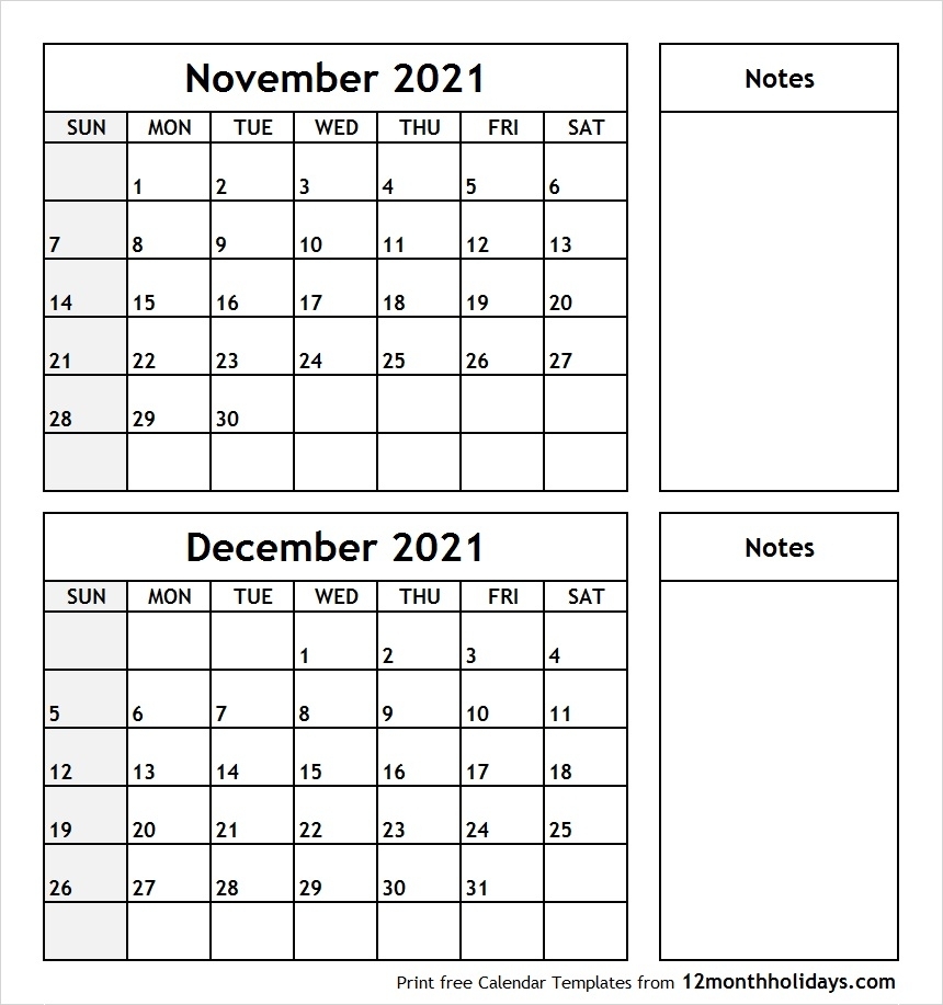 Printable Blank Two Month Calendar November December 2021