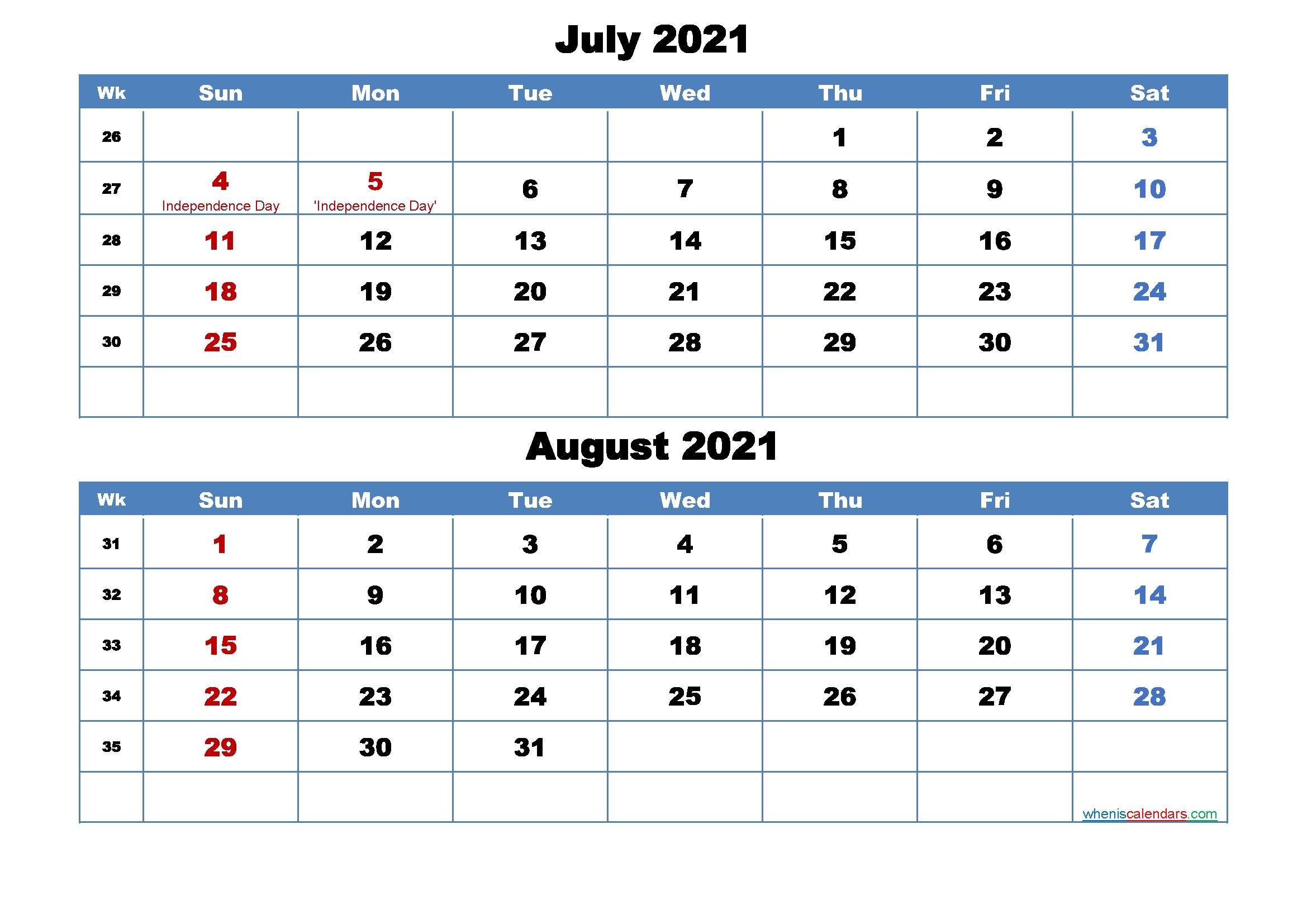 Printable Calendar July And August 2021 Word, Pdf – Free