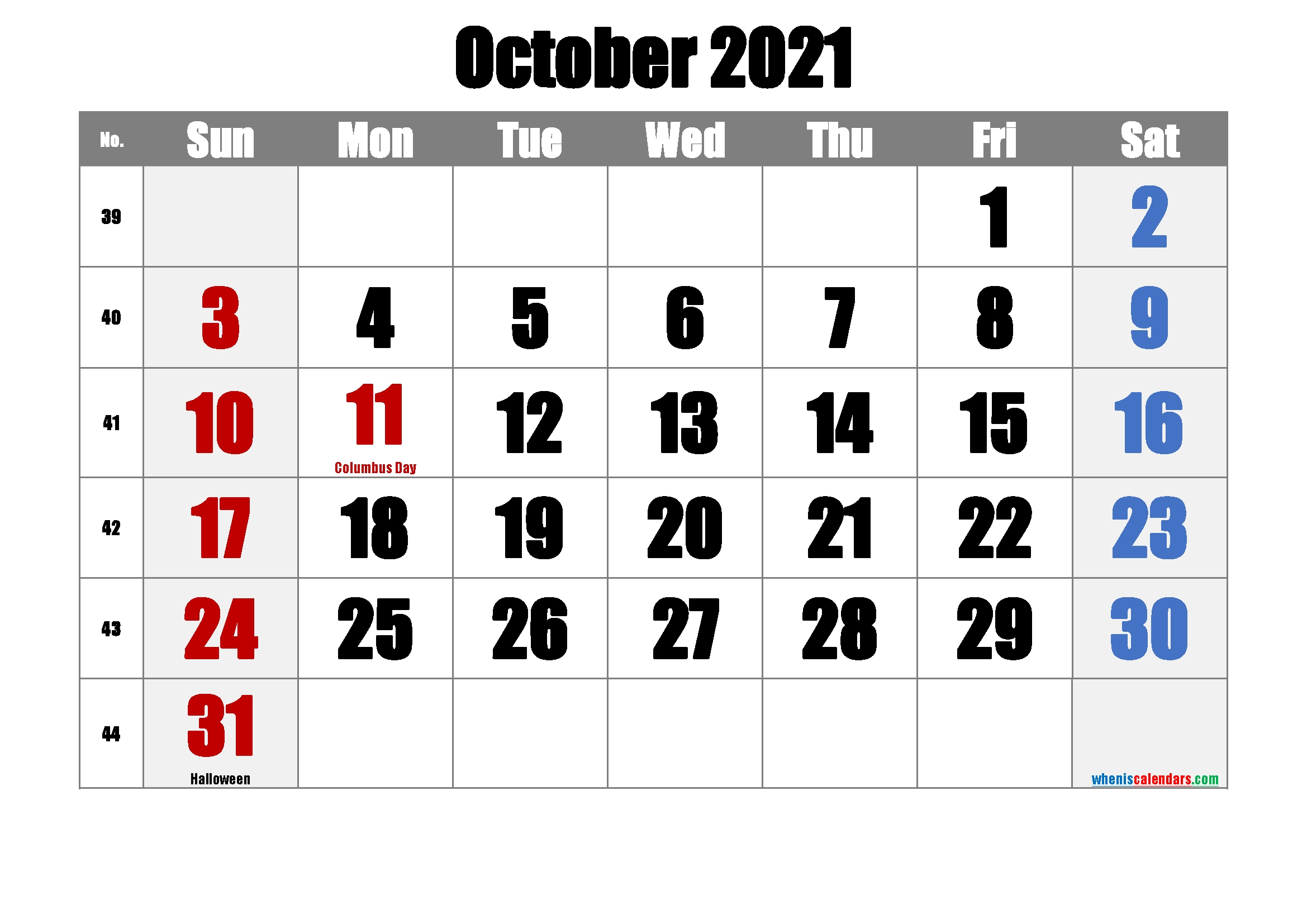 Printable Calendar October 2021-Template No.ip21M22 – Free