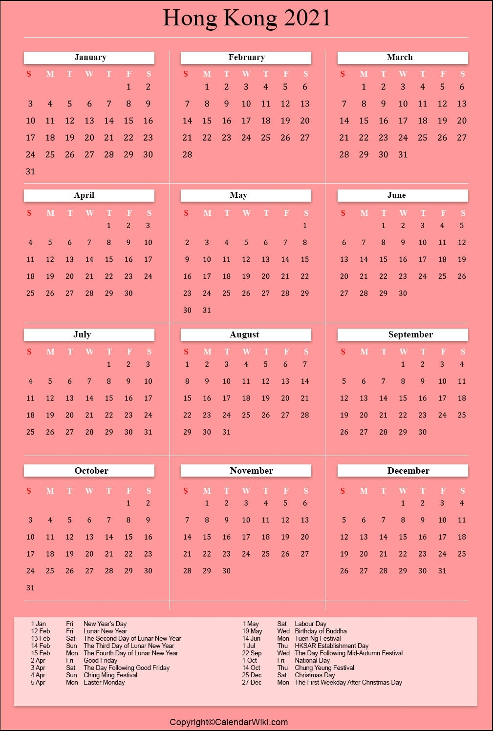 Hong Kong Calendar 2021 | Month Calendar Printable