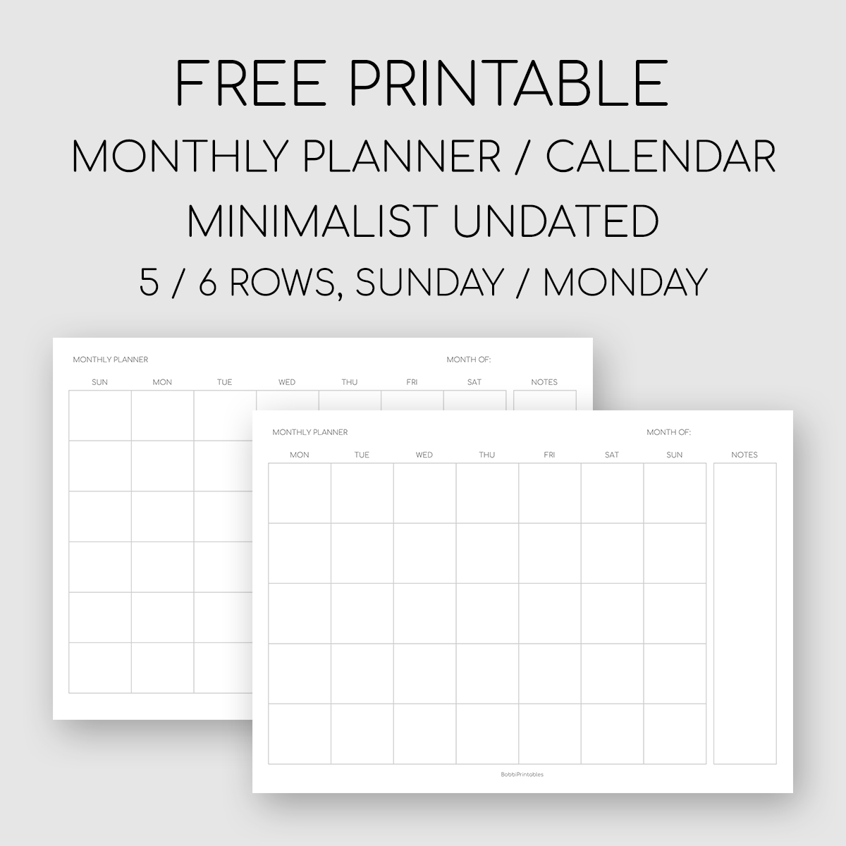 Printable Minimalist Monthly Planner / Undated Calendar