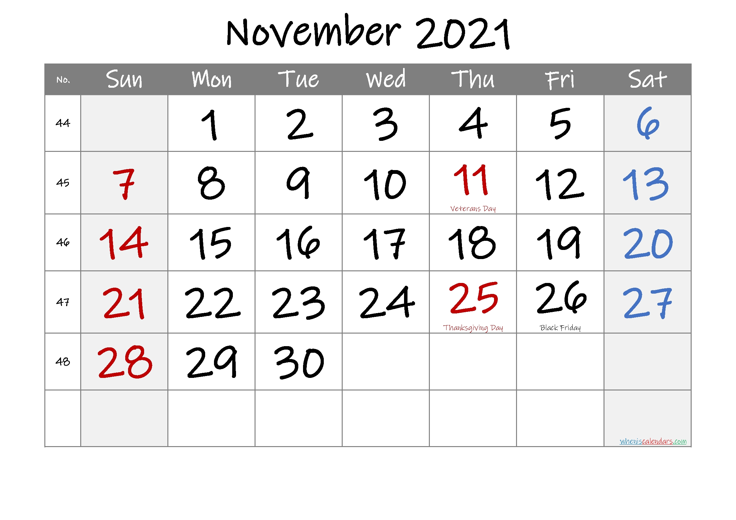 Printable November 2021 Calendar With Holidays – 6 Templates