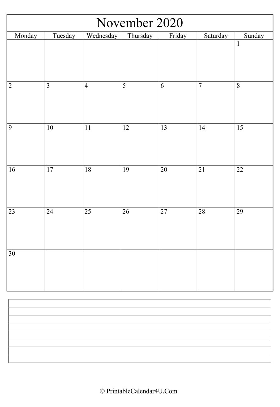 Printable November Calendar 2020 With Notes (Portrait)