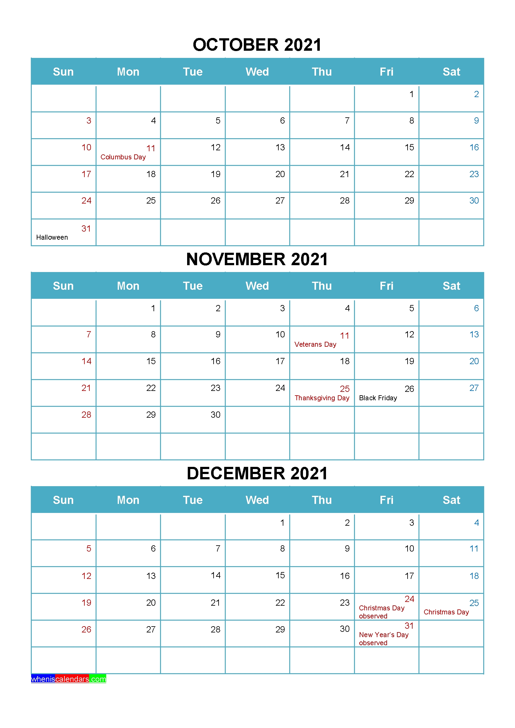 Printable October November December 2021 Calendar With