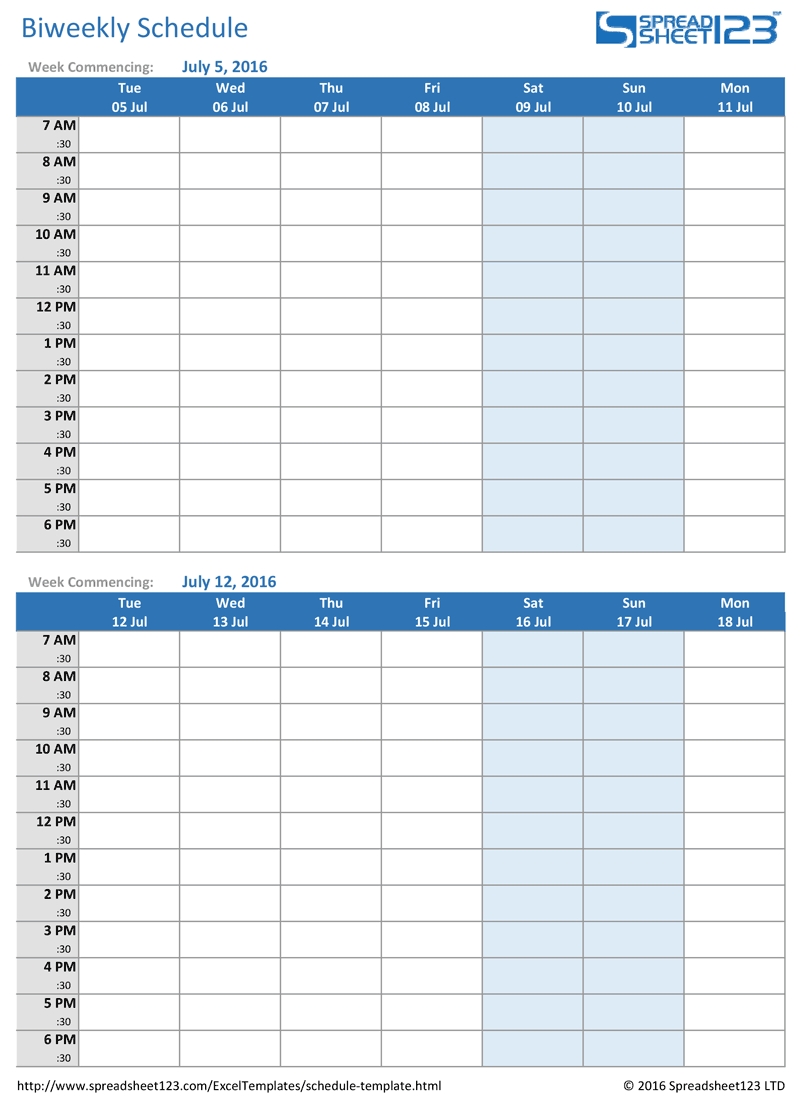 Printable Weekly And Biweekly Schedule Templates For Excel