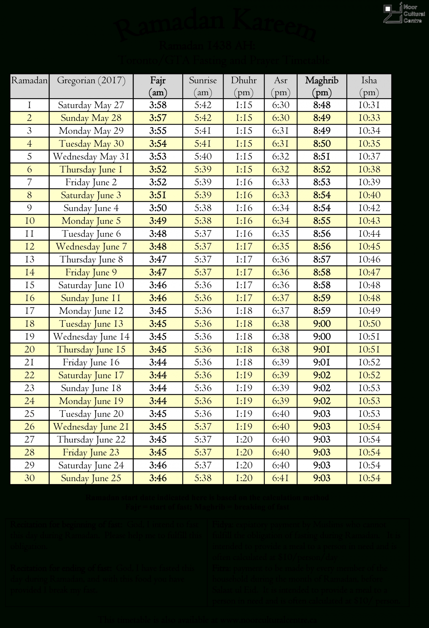 Ramadan 1438: Toronto/Gta Fasting And Prayer Timetable