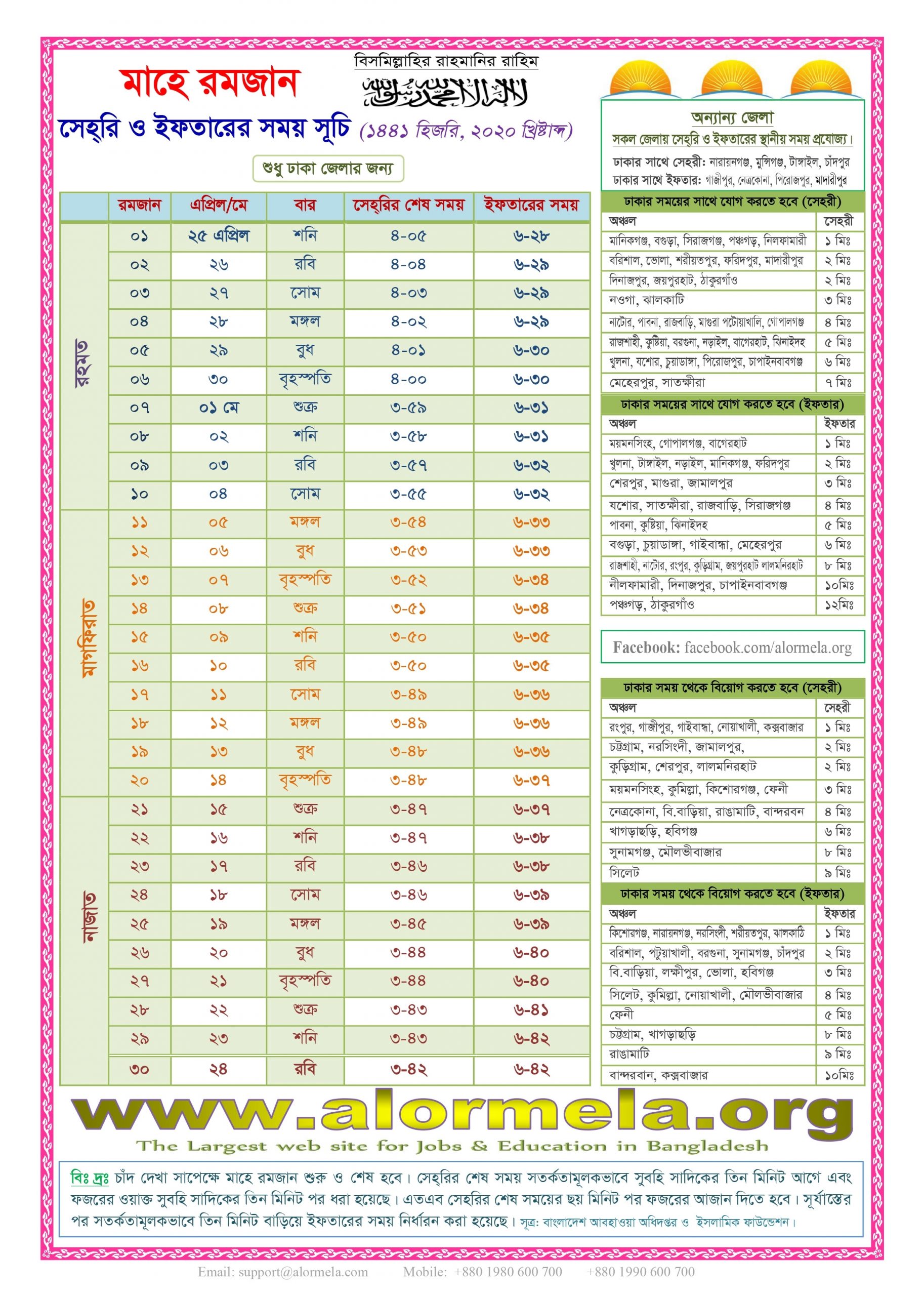 Ramadan Calendar 2020, Hijri 1441 - Alormela