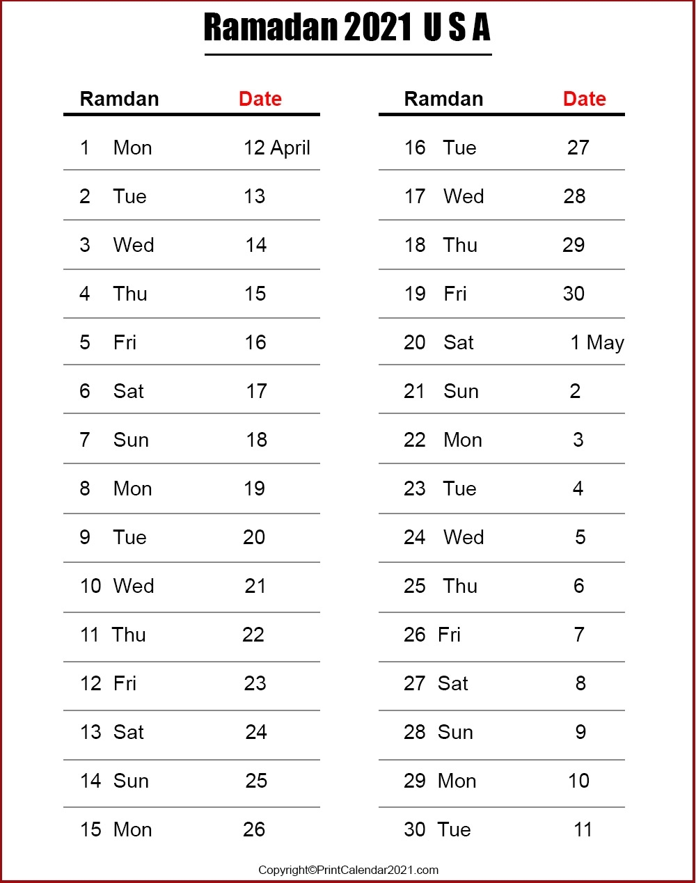 Ramadan Calendar 2021 / 1442 - Prayer Times تقويم رمضان 2021