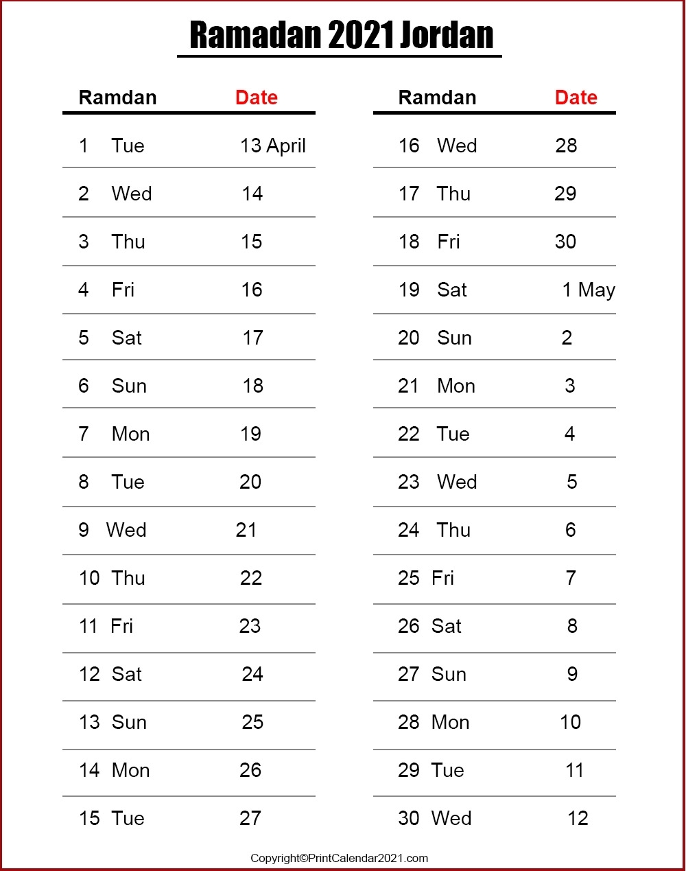 Ramadan Calendar 2021 / 1442 - Prayer Times تقويم رمضان 2021