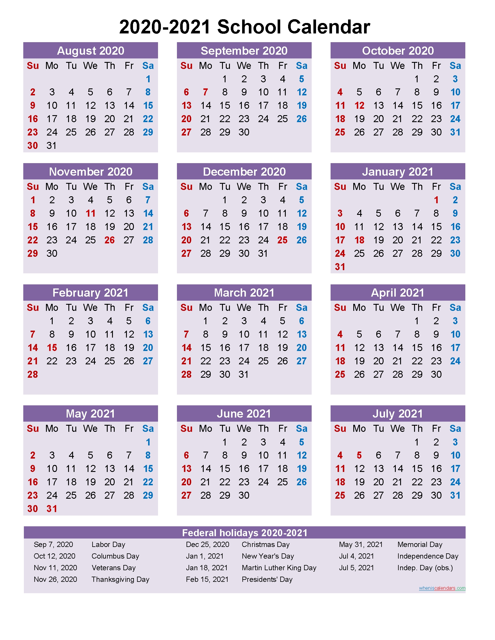 School Calendar 2020 And 2021 Printable (Portrait)- Template