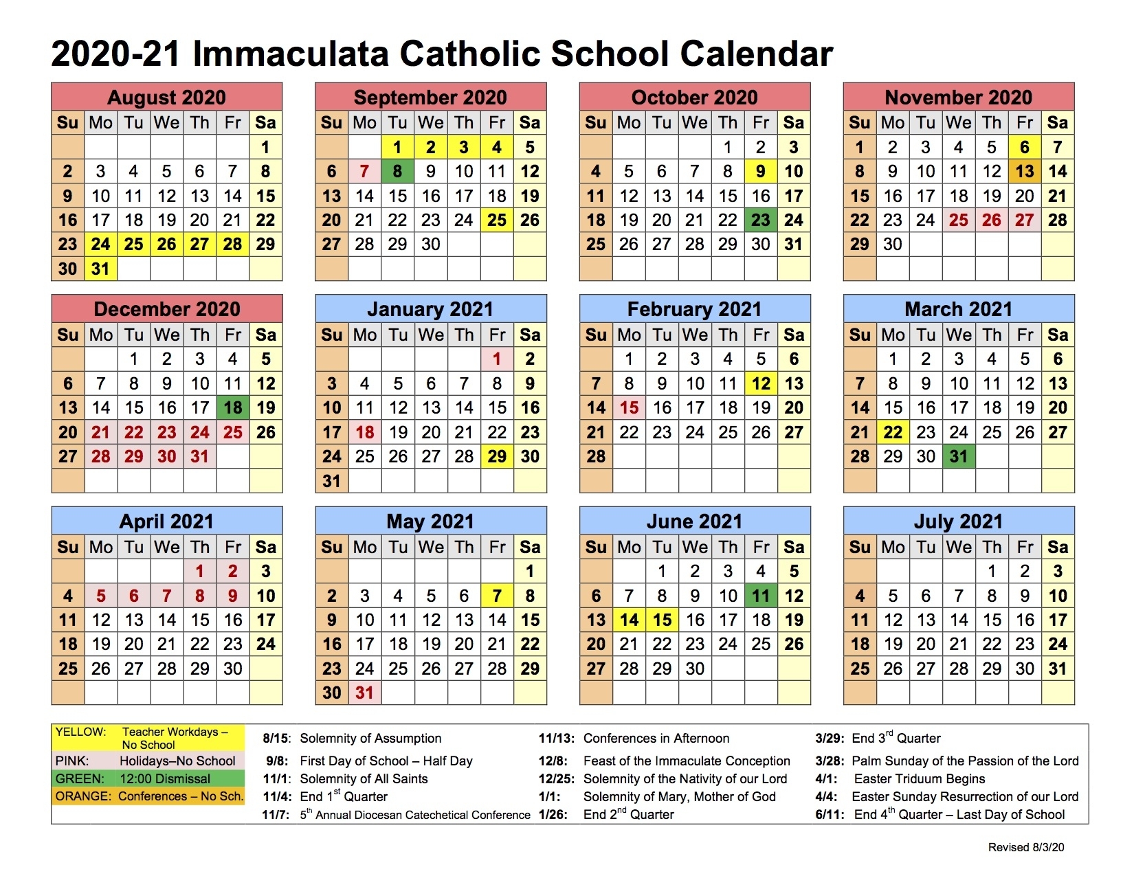 School Calendar &amp; Uniform Regulations - Immaculata
