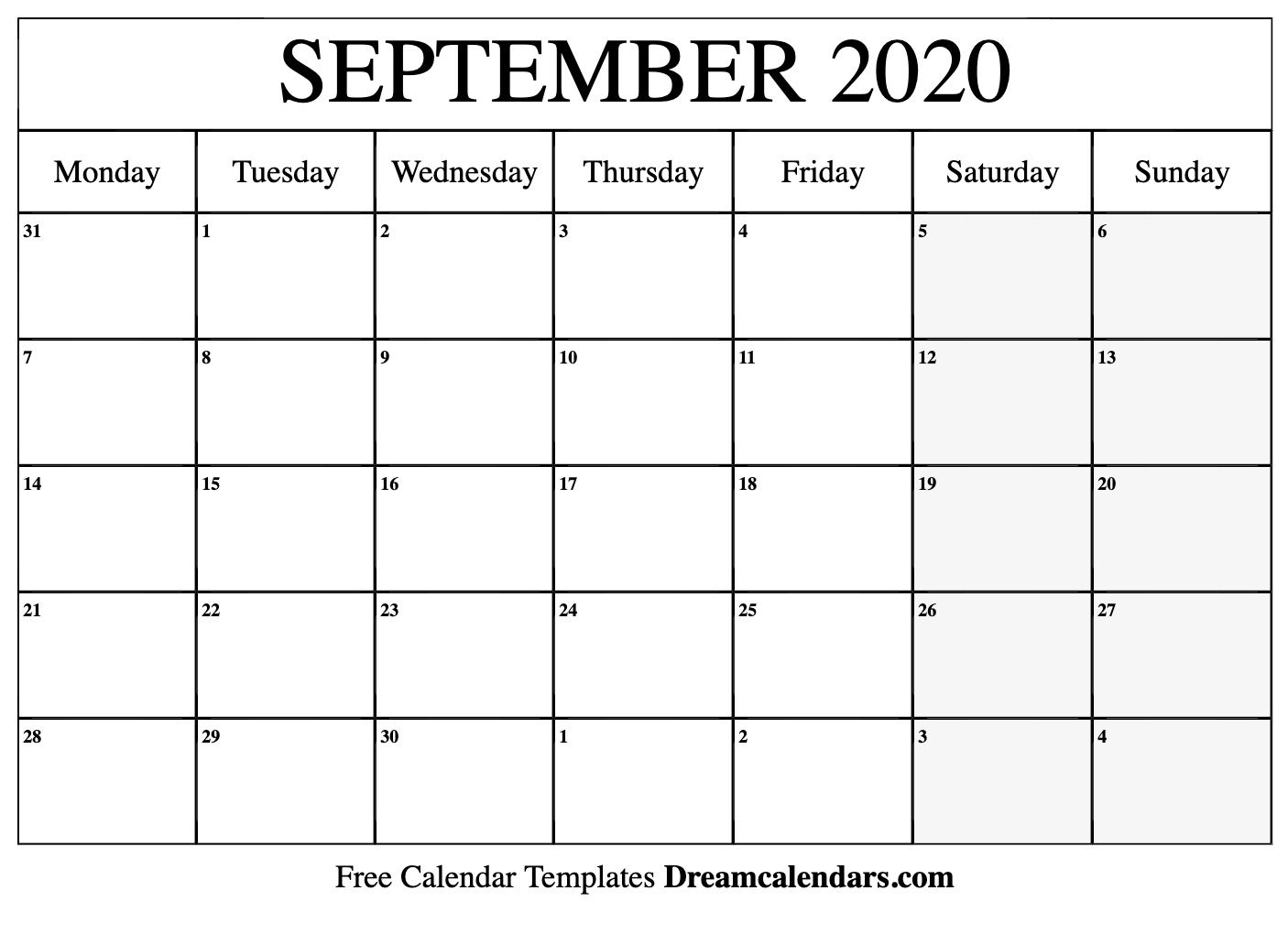 September 2020 Calendar Printable (Monday) - Dream Calendars