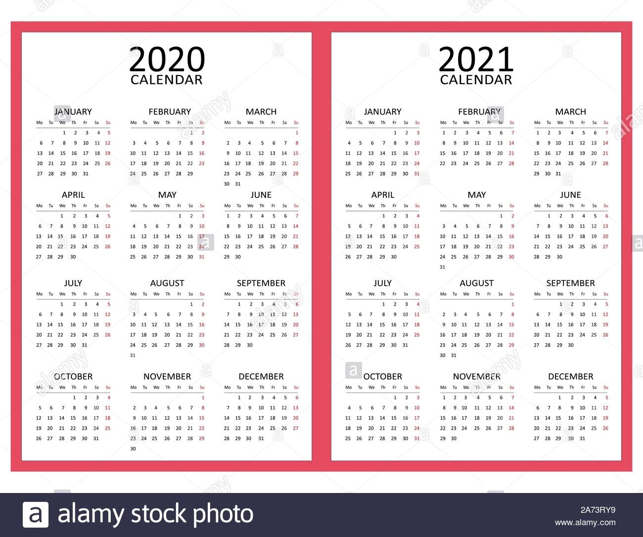 Simple Calendar Layout For Two Years 2020 And 2021. Starts