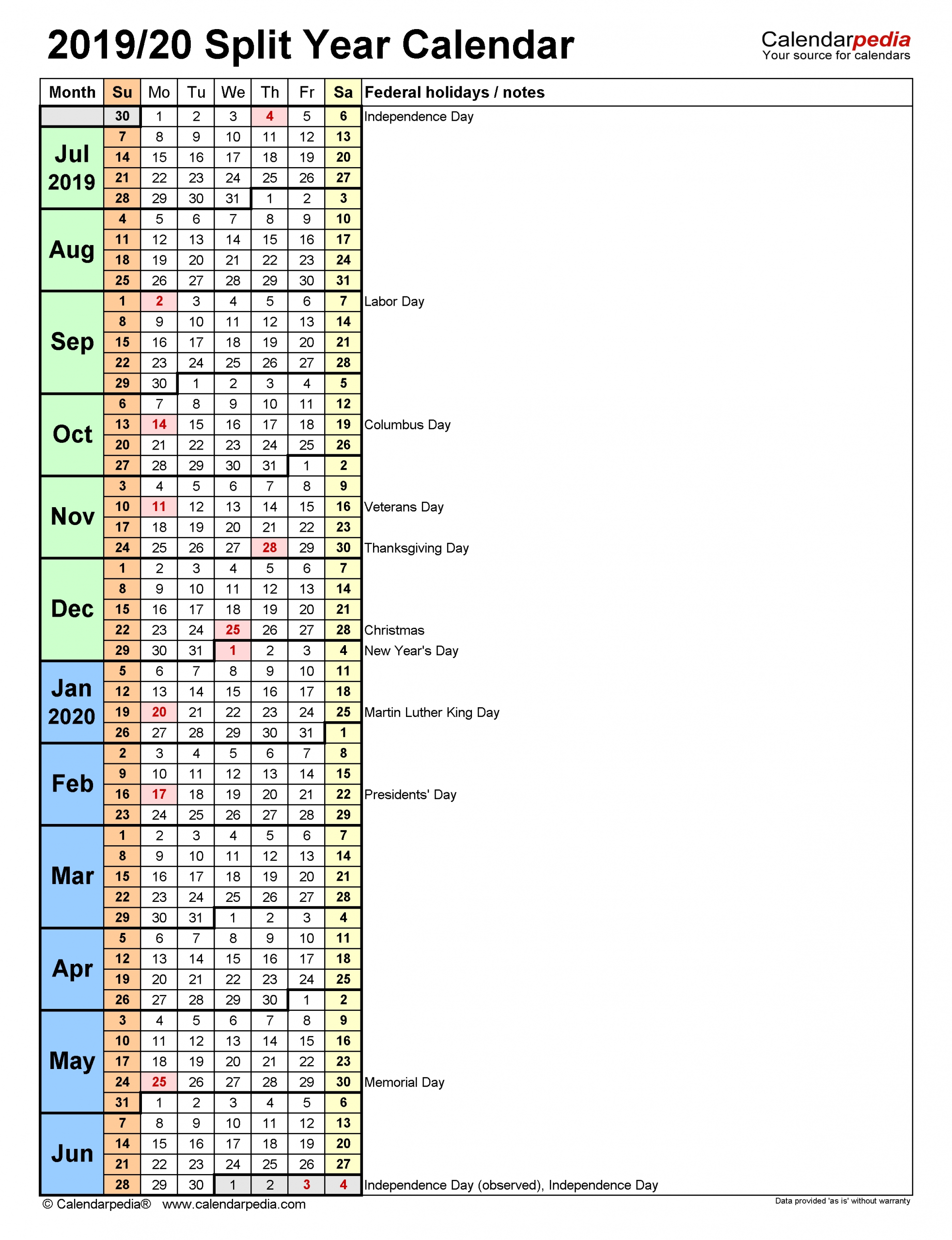 Split Year Calendars 2019/2020 (July To June) - Excel Templates