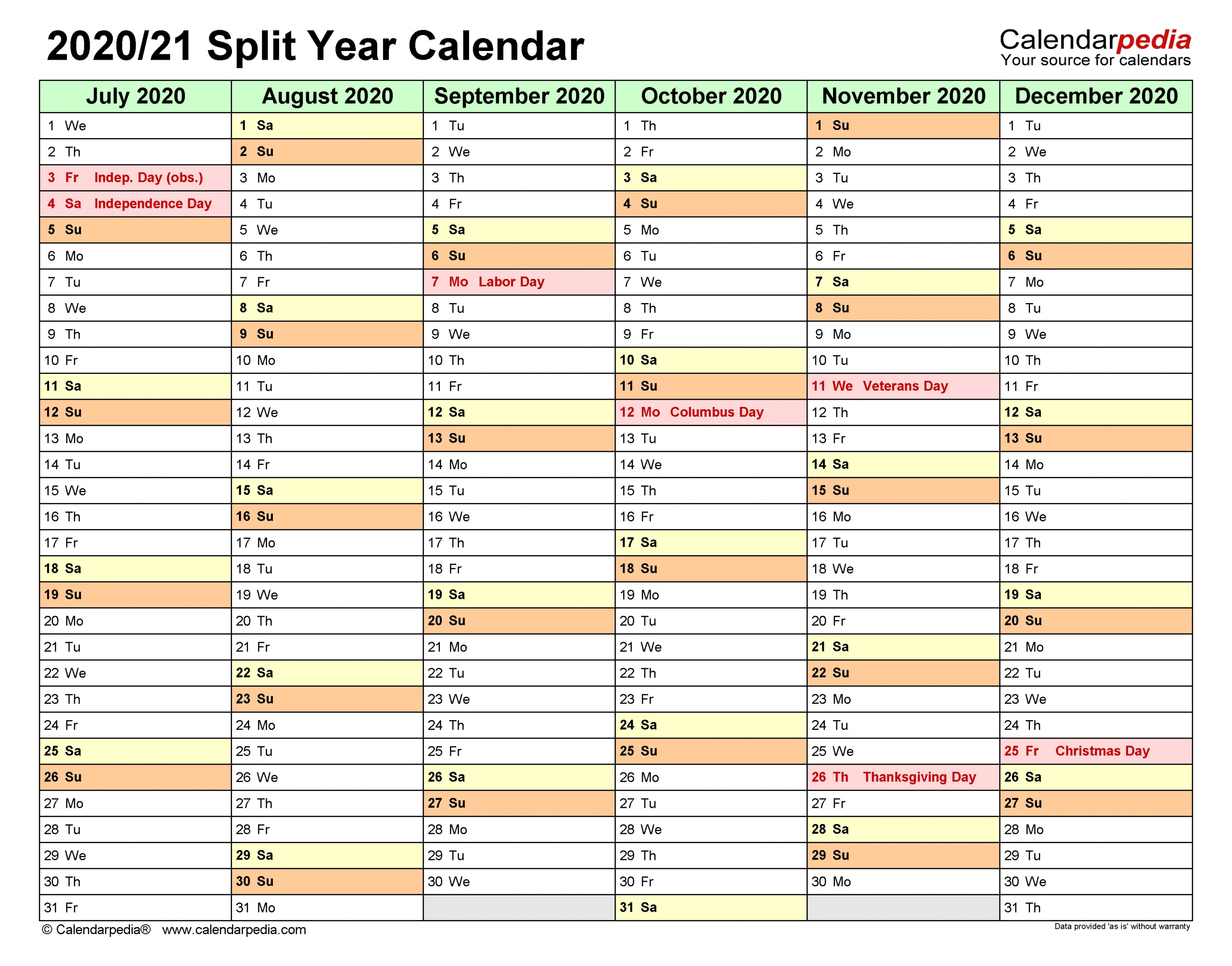 Split Year Calendars 2020/2021 (July To June) - Excel Templates