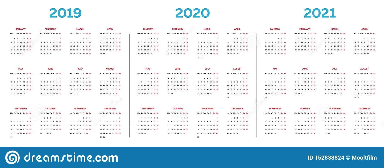 The 2019 2020 2021 Calendar Template With Classical Monthly